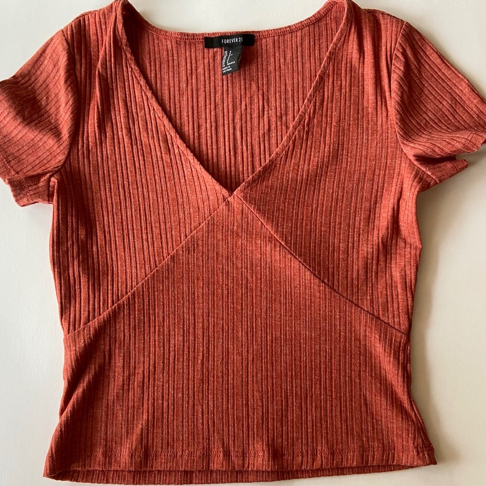 Forever 21 Rust Red Short-Sleeve V-Neck Shirt